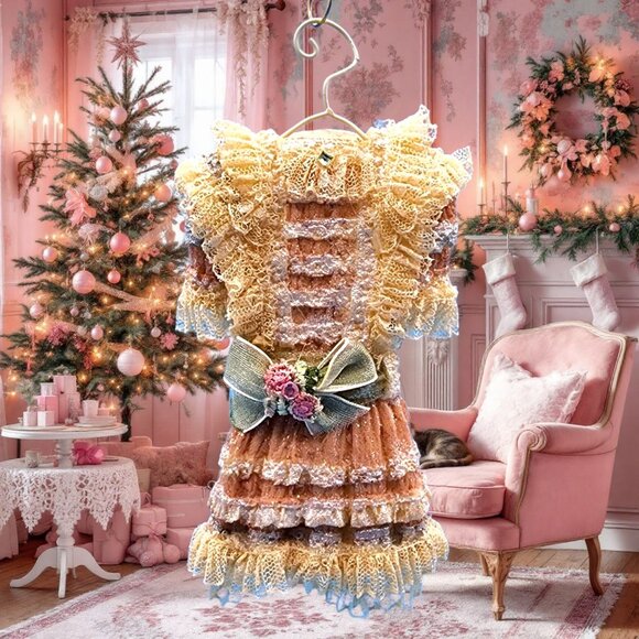 Victorian Dress Ornament on Hanger • Pink Lace Glitter Holiday Decoration • Vint - Picture 1 of 9